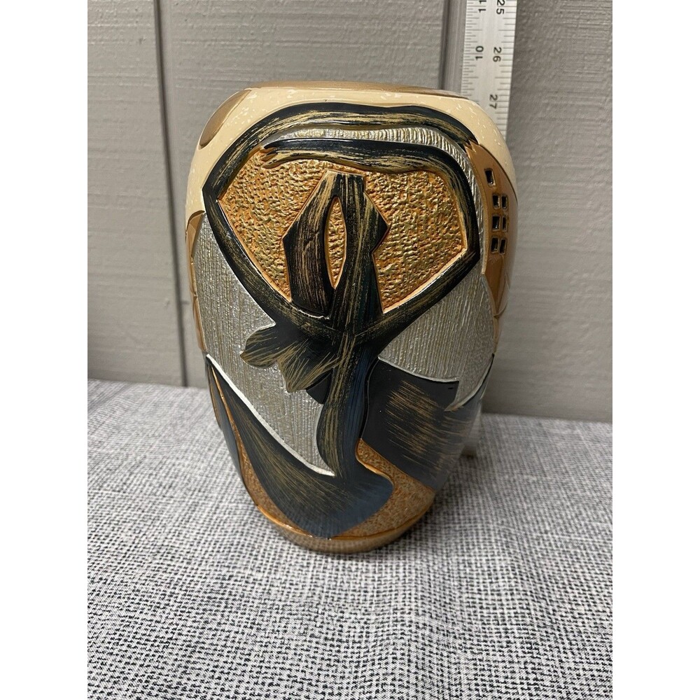 Large African Tribal Village Vase Fish Figures Gold Black Raised Relief 11”